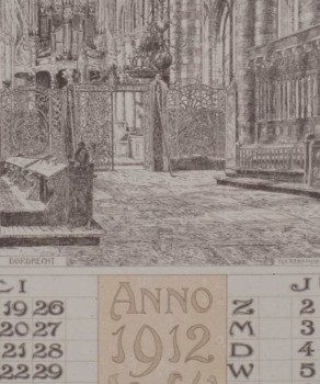 Een gedeelte van een kalender van mei en juni anno 1912. Er staan data op en een tekening van het interieur van de Grote Kerk.