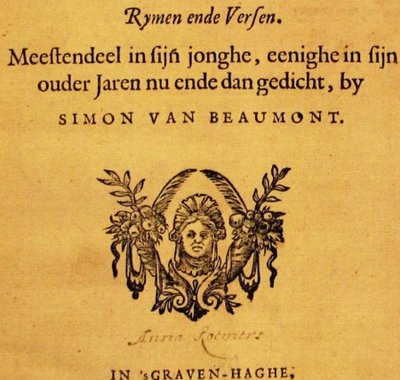 Titelpagina van de eerste uitgave van Horae Succisivae met hierop de handtekening van Anna Roemers (Koninklijke Bibliotheek Den Haag, 30 D 11).