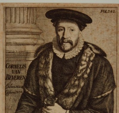 Gegraveerd portret van Cornelis van Beveren door Godfried Schalcken naar een schilderij van Samuel van Hoogstraten.
