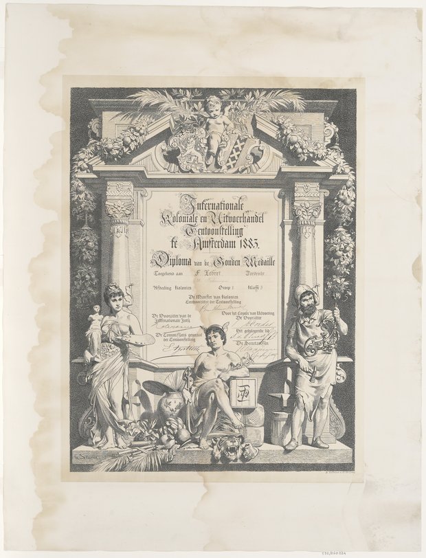 Rijkelijk versierd diploma voor Frans Lebret. Er staan romeinse figuren op.