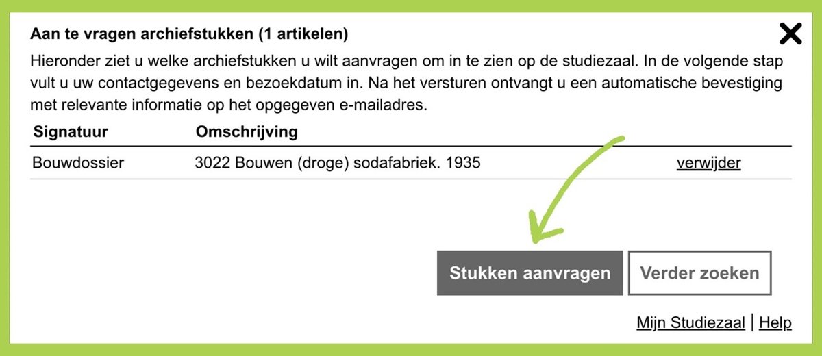 Voorbeeld plaatje van hoe je op de website een archiefstuk moet aanvragen.