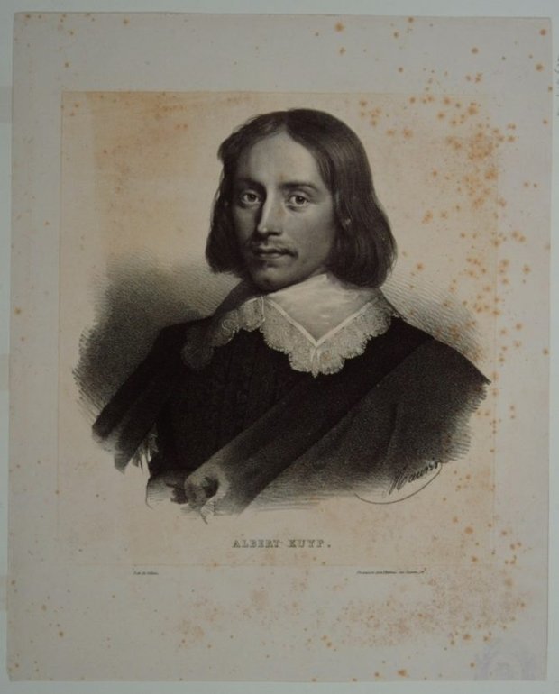 Portret van Aelbert Cuyp in zwartwit. Het papier is vergeeld met vlekken.