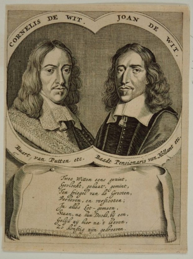 Getekende portretten van Johan en Cornelis de Witt met een geschreven gedicht eronder.