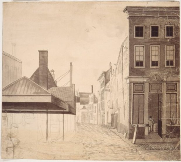 De zeevismarkt aan de Visstraat, uiterst links is de zijgevel van de Waalse kerk zichtbaar boven de marktstal