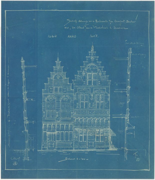 Blauwdruk van een ontwerptekening voor de restauratie van de panden ‘De Crimpert Salm’ en 'De Steur' aan de Visstraat