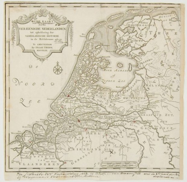 Kaart van het gebied van de Verenigde Nederlanden voorstellend de (vermoedelijke) situatie uit 870