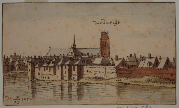 Bijna stripachtige versie van een Gezicht op Dordrecht vanaf het water. De Grote Kerk op de achtergrond.