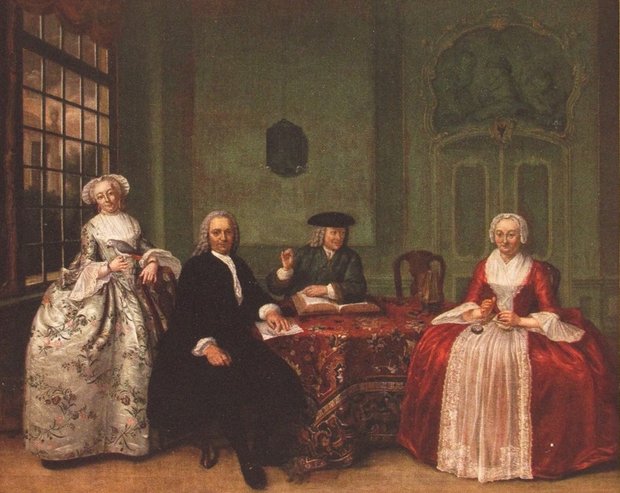 Interieur van de beletage van Wolwevershaven 42-B met Johanna Catharina van de Broek en haar familie. T. Regters