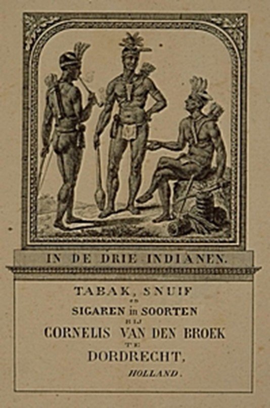 Reclameafbeelding voor de tabakswinkel 'In de drie Indianen' van Cornelis van den Broek