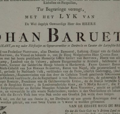 Spotschrift op ds. Johannes Barueth in de vorm van een begrafenisbriefje.