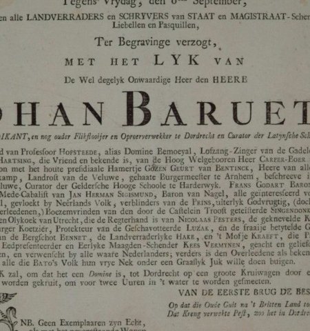Spotschrift op ds. Johannes Barueth in de vorm van een begrafenisbriefje.
