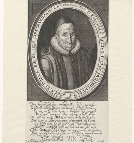 Gravure van Johannes Becius, 68 jaar oud door D. van Hoochstraten uit 1626 (In het bijschrift is uitgegaan van de oude jaarstijl: natus IX Xbris.
