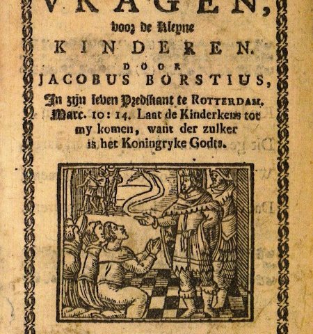 Dit is het titelblad van Borstius zijn vragenboekje voor kleine kinderen of kindercatechismus in een zeldzame uitgave van David du Mortier.