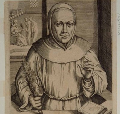 Broer Cornelis staande in een preekstoel met een gard in de hand. In de linkerbovenhoek het kastijden van devotarissen.