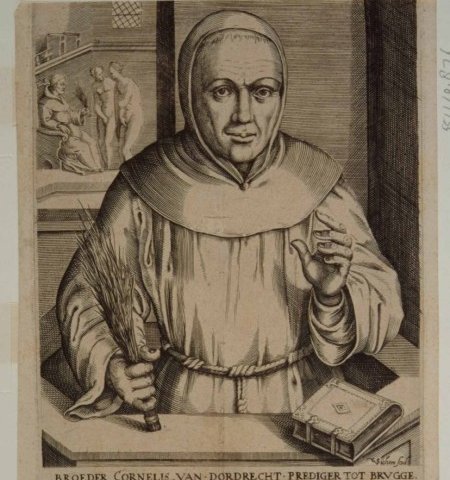 Broer Cornelis staande in een preekstoel met een gard in de hand. In de linkerbovenhoek het kastijden van devotarissen.