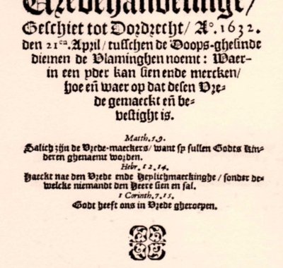 Titelblad van de eerste druk uit 1633 van de Confessie van Dordrecht zoals aanwezig in de Doopsgezinde Bibliotheek.