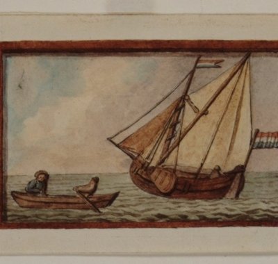 Tekening van de gevelsteen van het gildehuis van het Klein Schippersgilde op de Riedijk