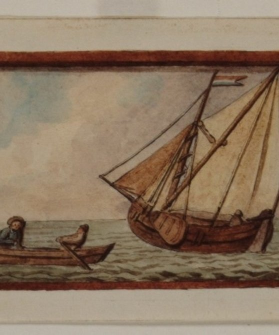 Tekening van de gevelsteen van het gildehuis van het Klein Schippersgilde op de Riedijk