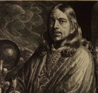 Zelfportret uit 1677 in huiselijk gewaad en met de keten en penning hem door keizer Ferdinand III geschonken. Ets met vierregelig vers van J. Oudaan.