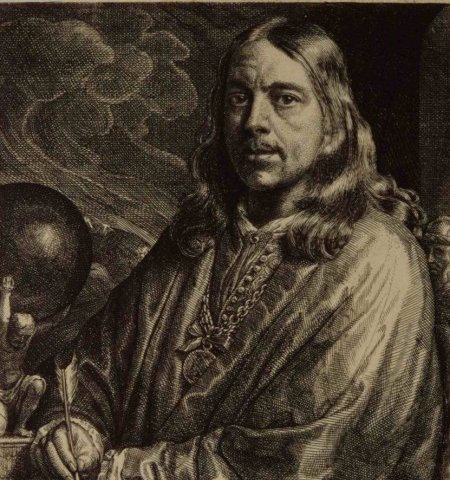 Zelfportret uit 1677 in huiselijk gewaad en met de keten en penning hem door keizer Ferdinand III geschonken. Ets met vierregelig vers van J. Oudaan.