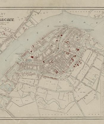 Een kaart van Dordrecht op papier uit 1849