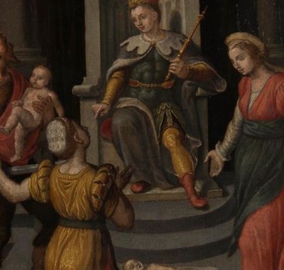 Schilderij, Salomo zit op een troon, de vrouwen staan om hem heen, een dode baby ligt op de grond en iemand anders draagt de levende baby.