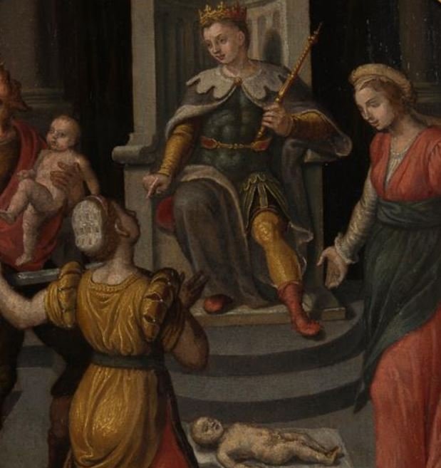 Schilderij, Salomo zit op een troon, de vrouwen staan om hem heen, een dode baby ligt op de grond en iemand anders draagt de levende baby.