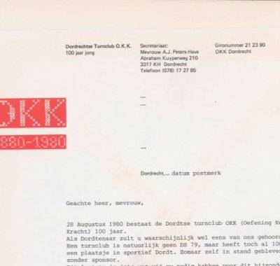 Een deel van een brief van de Dordtse turnclub OKK.