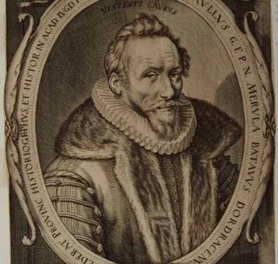 Gegraveerd portret met onderschrift door de Leidse hoogleraar Daniël Heinsius