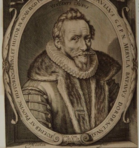 Gegraveerd portret met onderschrift door de Leidse hoogleraar Daniël Heinsius