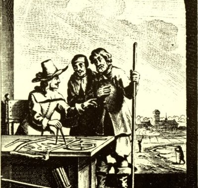 Frontispice in de eerste en tweede druk van de door Mattheus van Nispen uitgegeven maar door Nicolaes de Vries gedrukte Beknopte-lant-meet-konst.