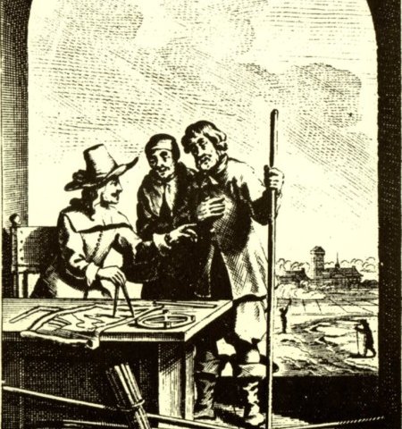 Frontispice in de eerste en tweede druk van de door Mattheus van Nispen uitgegeven maar door Nicolaes de Vries gedrukte Beknopte-lant-meet-konst.