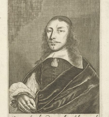 Portret van Cornelis van Overstege met berijmd onderschrift van mr. Adriaen, opgenomen in de bundel Poëzy, en bij Balen