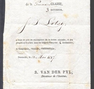 Een blad dat door Van der Pijl in 1817 in een prijsboek werd geplakt.