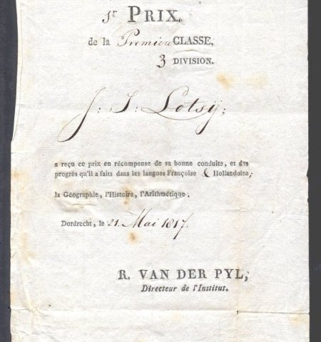 Een blad dat door Van der Pijl in 1817 in een prijsboek werd geplakt.