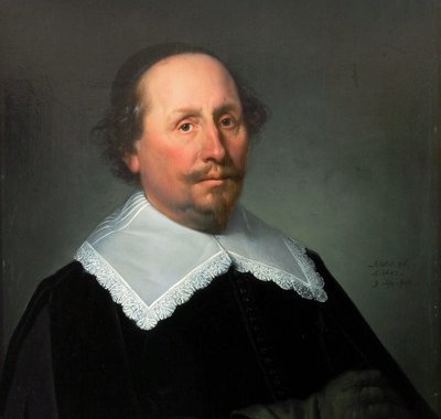 Schilderij met het portret van Anthonis Hugensz Repelaer de oude. Rechtsboven het familiewapen met de lepelaar.