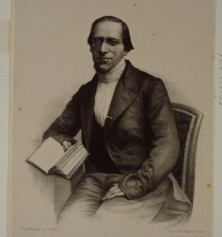 Portret van Gillis Dionysius Jacobus Schotel, zittend met boek in de hand, op 52-jarige leeftijd.