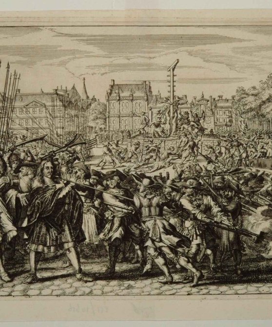 De moord op de gebroeders De Witt uitgebeeld in een gravure. Een woedende menigte valt ze aan, er zijn mannen met speren.